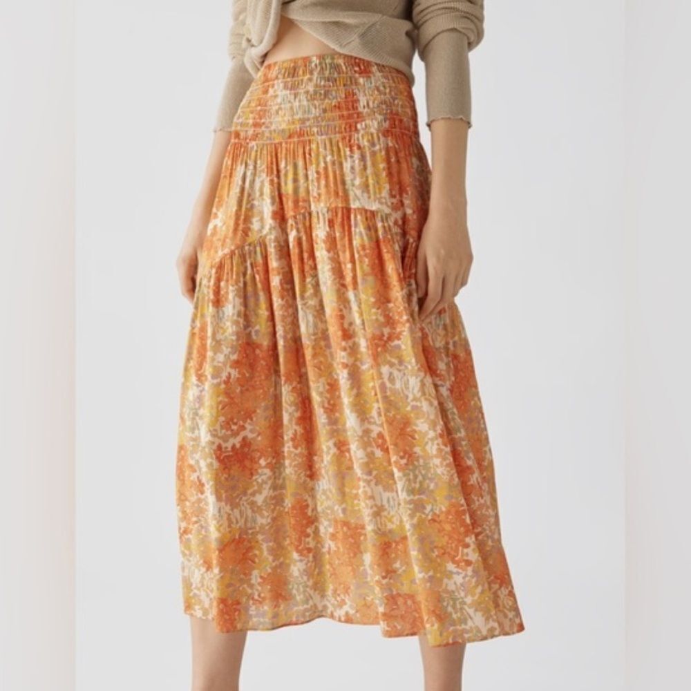 Vince Garden Smocked-Waist Tiered Floral Print Orange Rayon Midi Skirt small